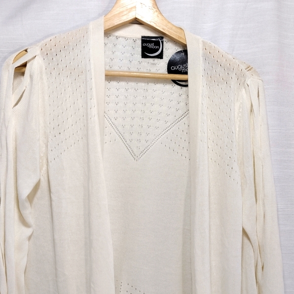 August Moon Cream Rayon Thin Knit Eyelet Criss Cross Cut-Out Sleeve Cardigan - Picture 5 of 14